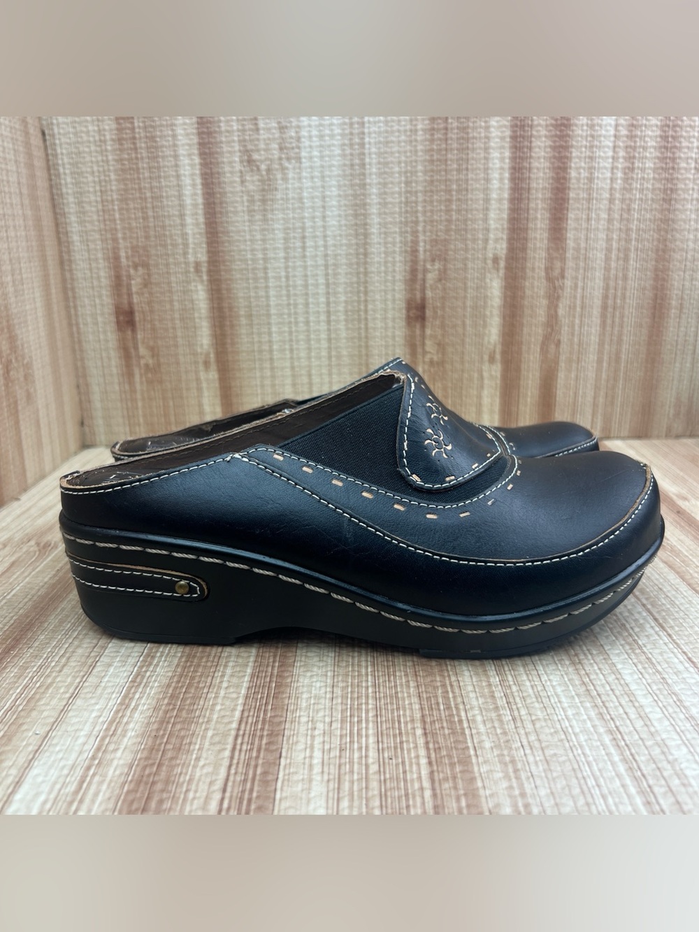 L'Artiste Spring Step Chino Black Leather Slip On Clog Womens US 6.5-7 EU 37
